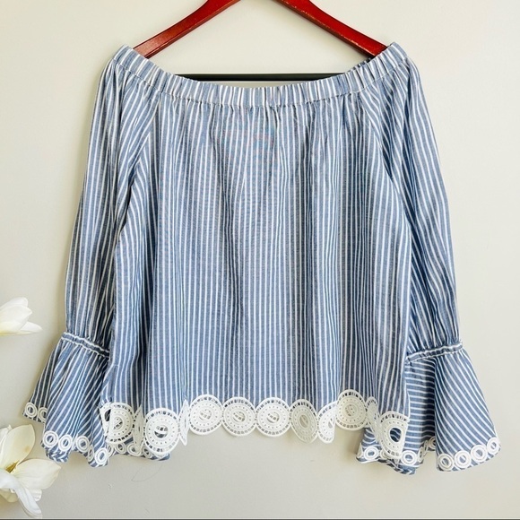 T Tahari Irena stripes prints midi skirt off shoulder top sets - Picture 3 of 15